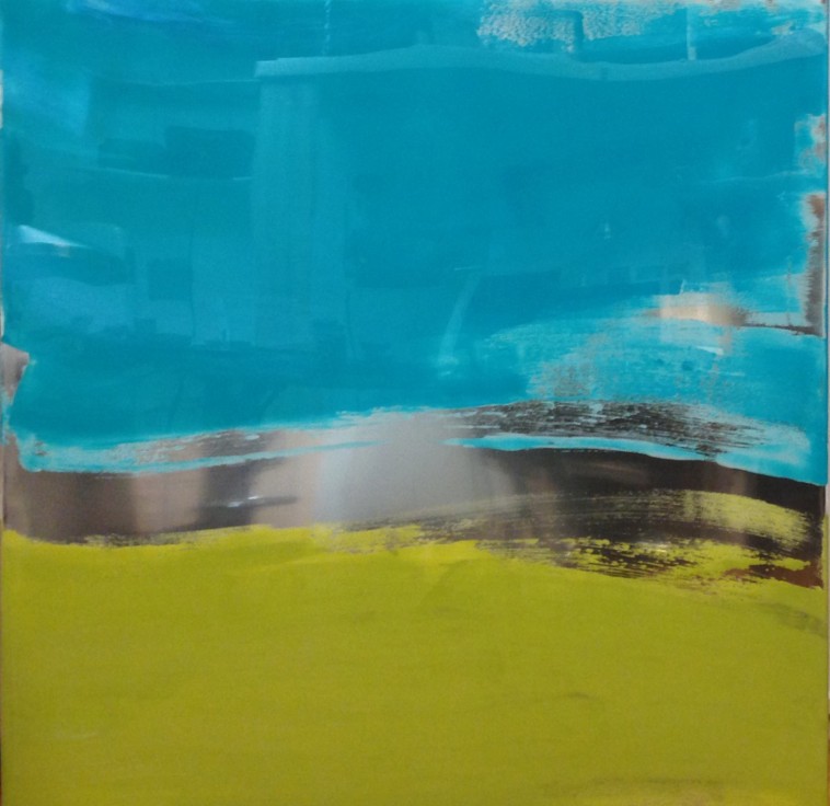 MetalScape 102, 48” x 48”  encaustic,
mirrored aluminum, UV resin on panel (private collection)