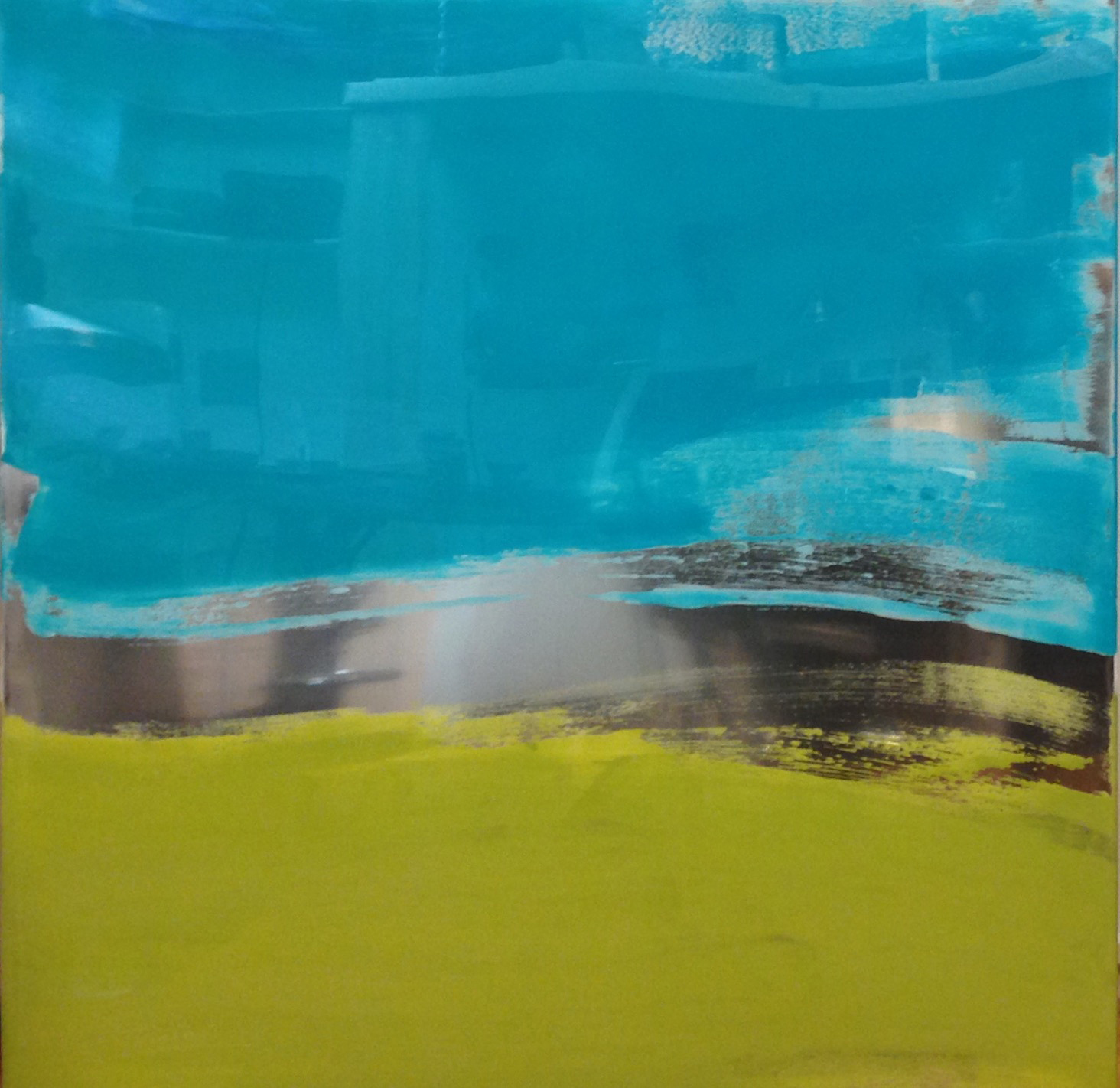 MetalScape 102, 48” x 48”  encaustic,
mirrored aluminum, UV resin on panel (private collection)